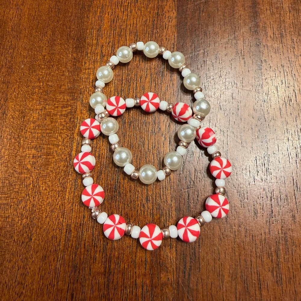 Holiday Christmas Candy Cane and Pearl Combo Bracelets